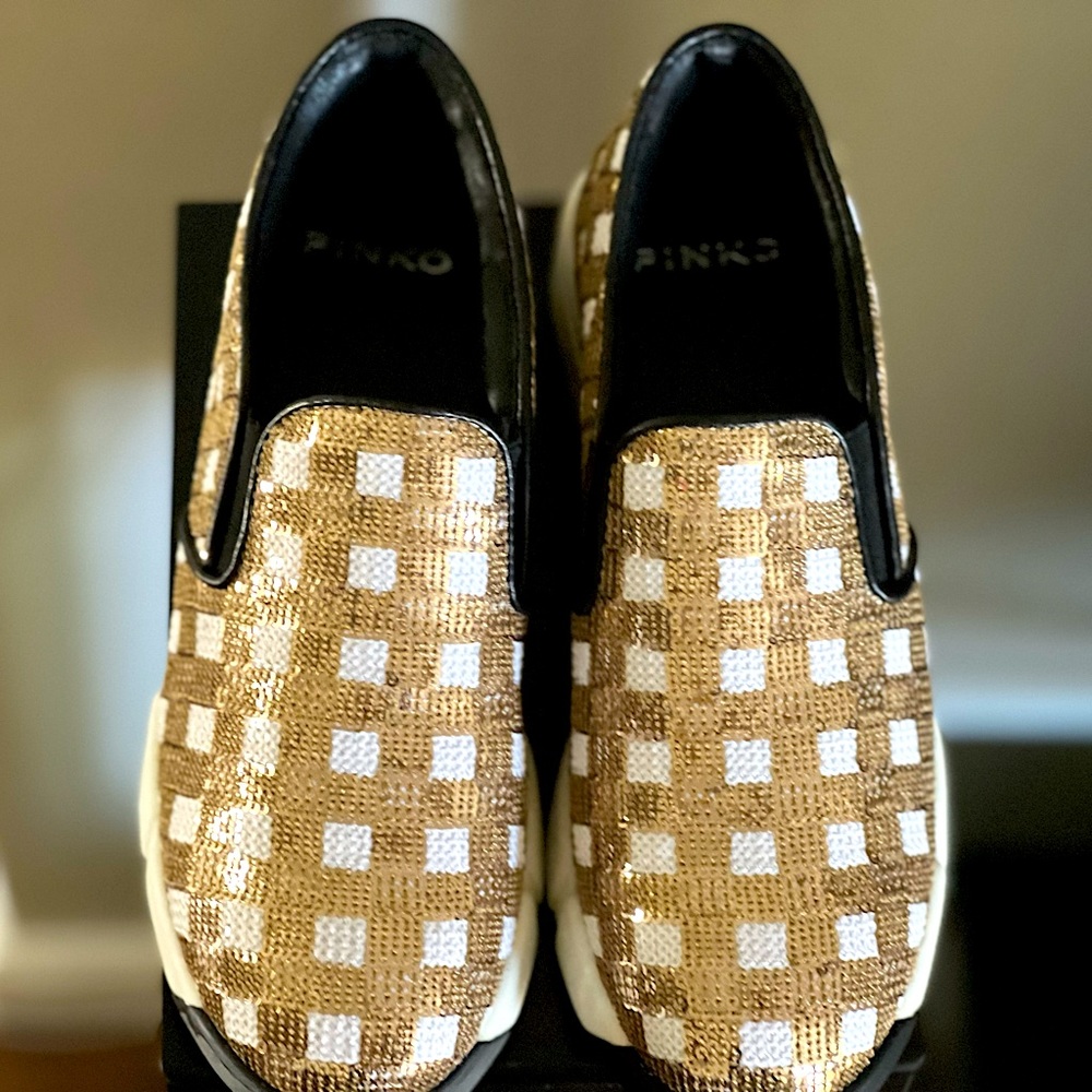 PINKO Sequins Sneakers Slip On Gold